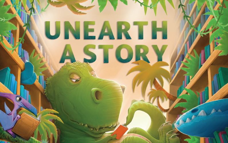 A pterodactyl and tyrannosaurus rex reading books in a jungle-themed library with the summer reading slogan "unearth a story" behind them.