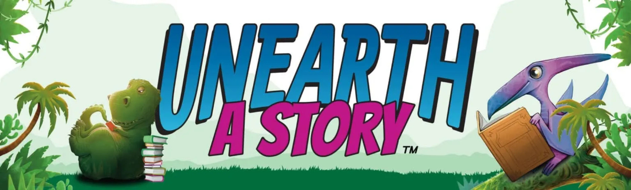 Two cartoon dinosaurs reading books in a jungle, with the phrase "UNEARTH A STORY" in the center.